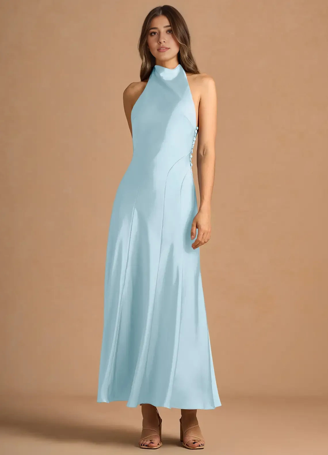 Robe Weitese simple, col haut, sans manches, dos nu, plissée, coupe trapèze, robe de soirée, longueur thé, robe de bal